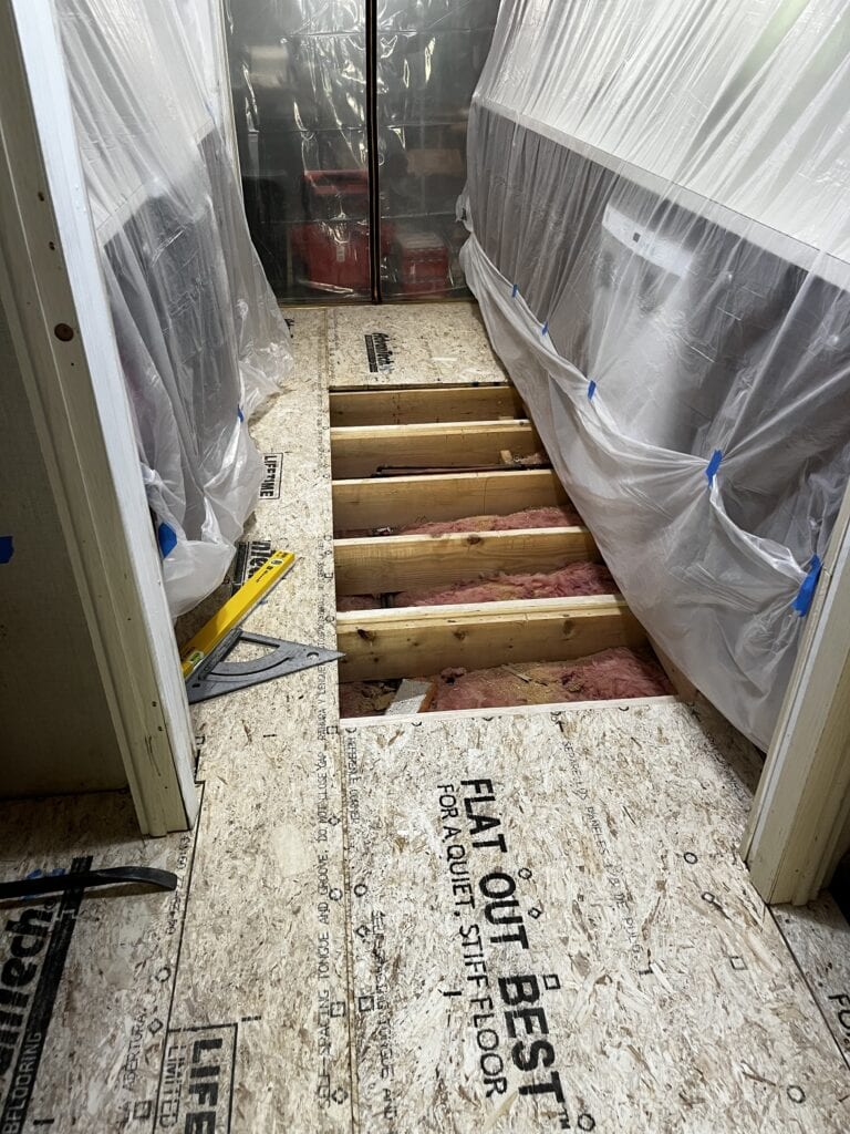 Installation of Advantech subfloor in a galley kitchen with existing cabinets