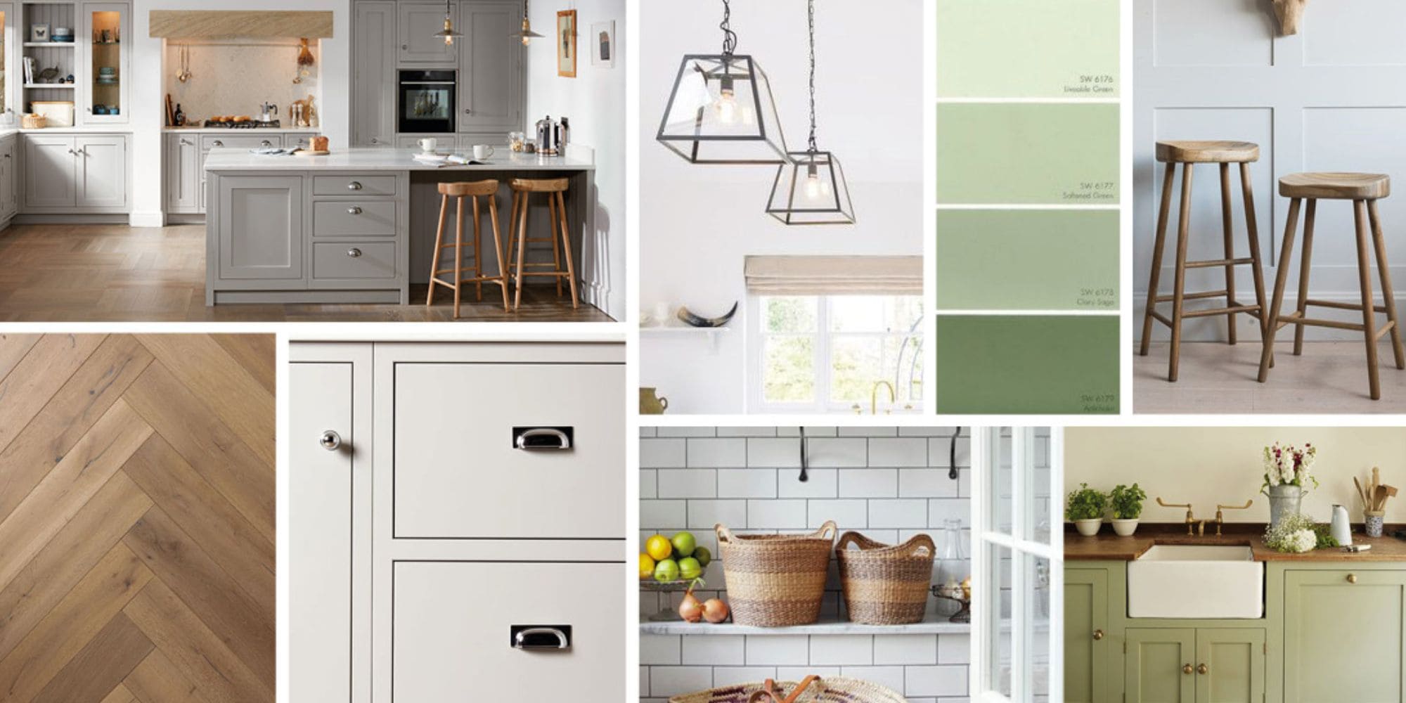 Moodboard with shaker cabinets and herringbone wood floors for a kitchen remodel in Exeter, NH