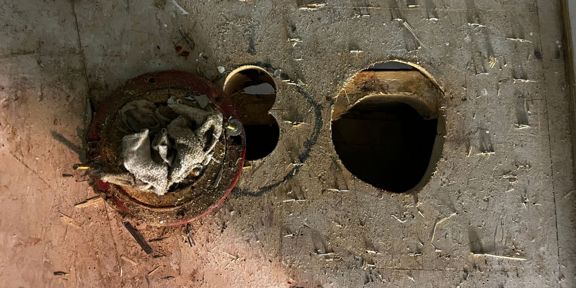 Bathroom remodel with a damaged floor joist in need of repairs in Durham, NH