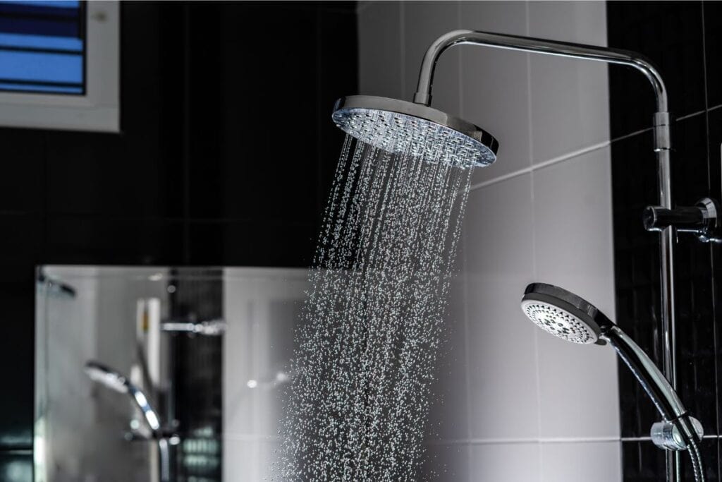 Rain shower and hand shower heads in a Rye, NH bathroom remodel