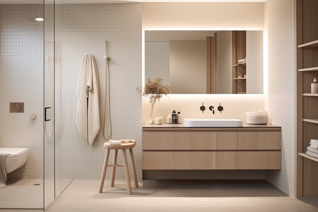 Cozy bathroom with warm wood tones and plush towels in Rye, NH