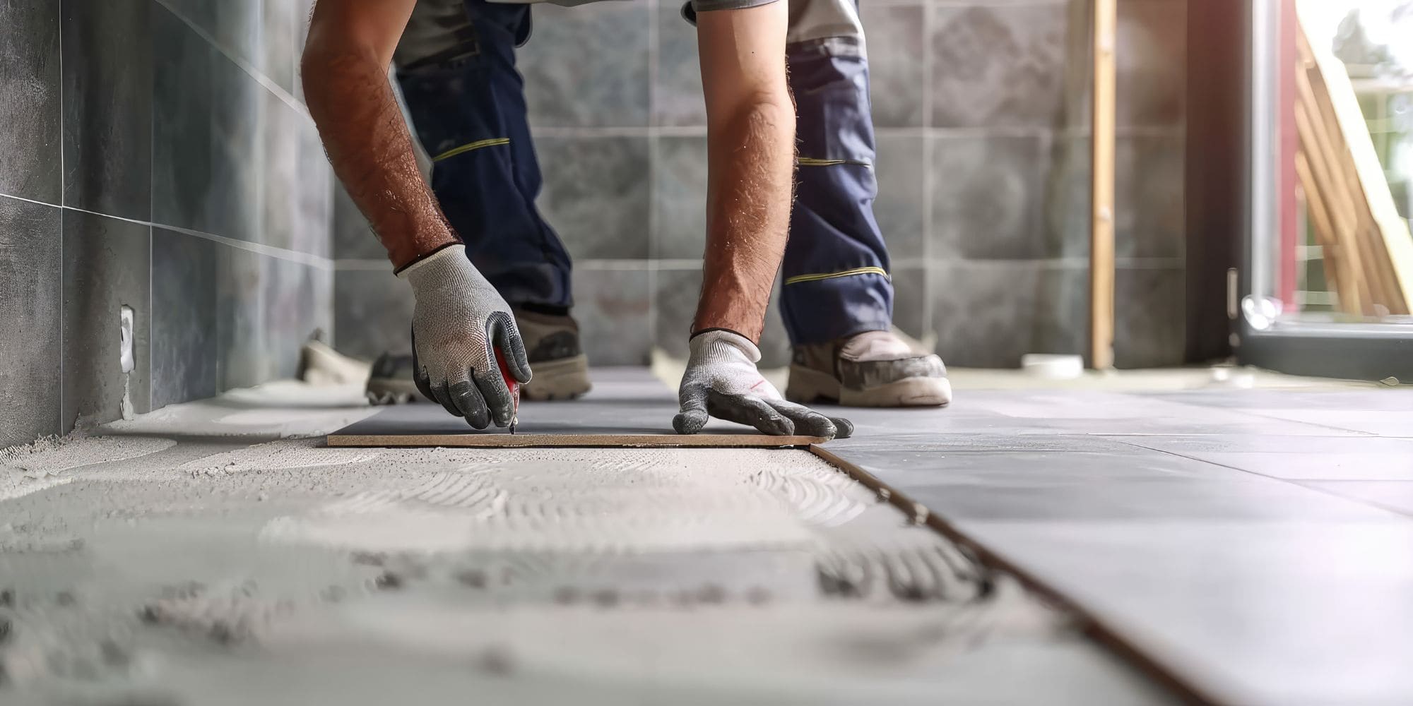 Tile installer laying large format porcelain tile on a bathroom floor in Portsmouth, NH