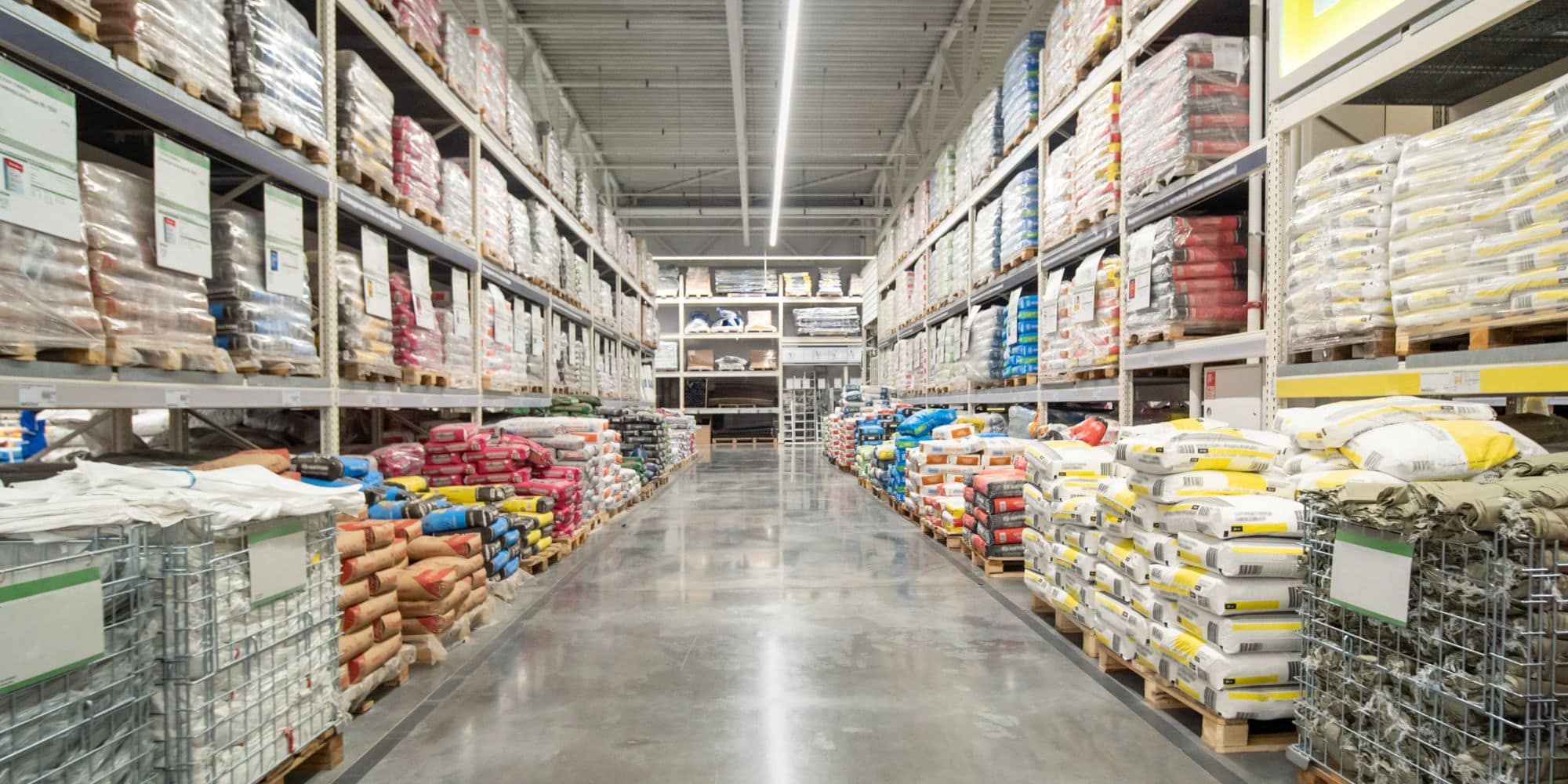 Aisle full of building materials at a contractor supply store