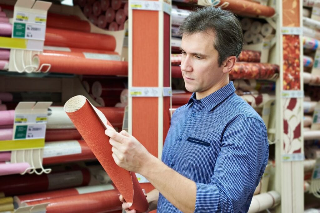 Homeowner inspects wallpaper in a home improvement store