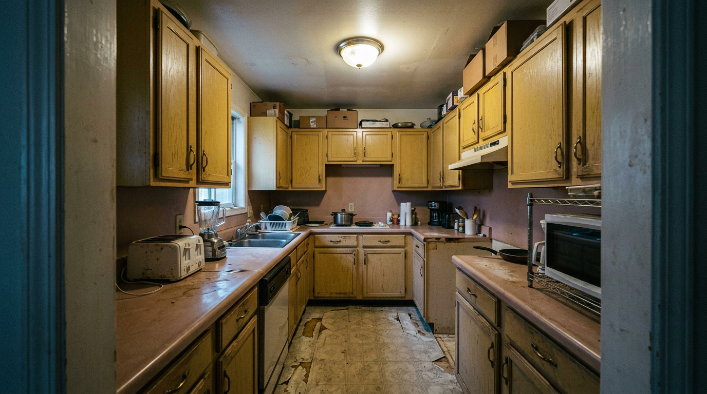 Cluttered Dated Kitchen Before Remodeling Dated kitchen with cracked laminate counters cluttered with appliances showing why kitchen remodeling is needed