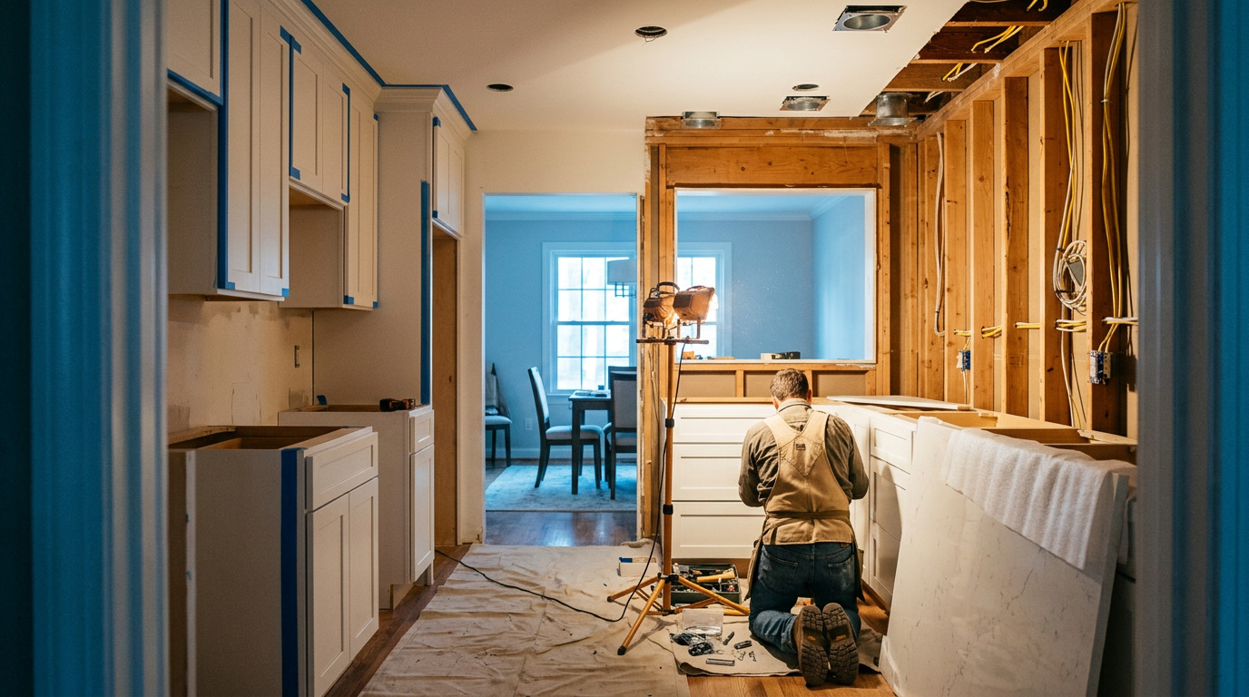 Kitchen remodeling in progress with professional carpenter installing new white cabinets and quartz countertops