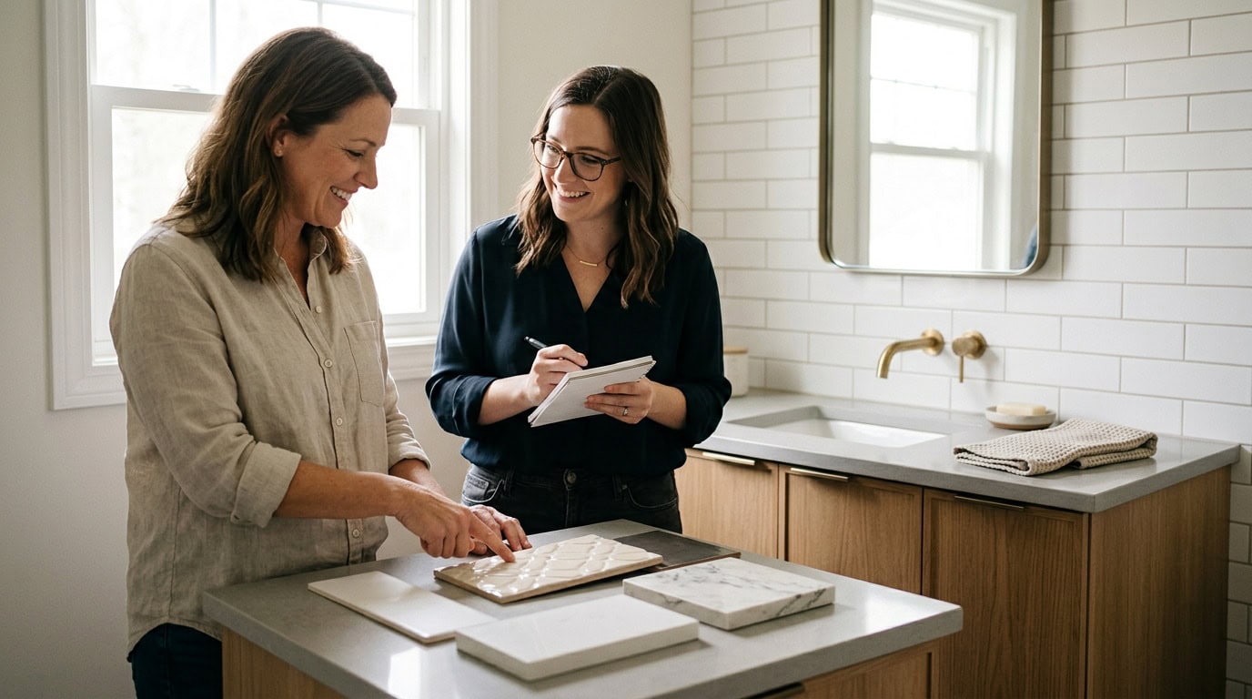 Homeowner and designer comparing tile and countertop samples in a newly remodeled bathroom