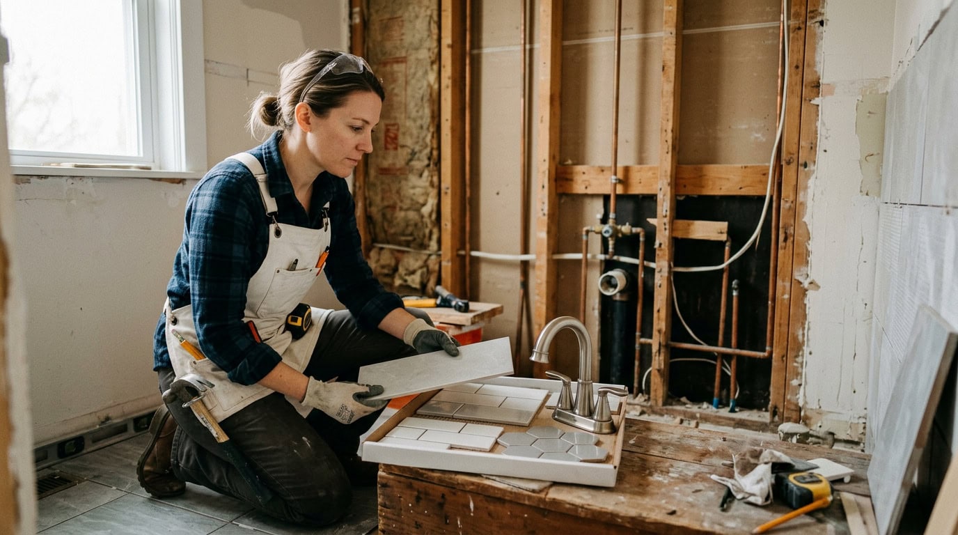 Remodeler comparing tile samples beside exposed bathroom plumbing during a renovation